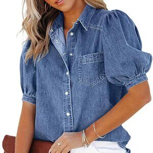 Puff Sleeve Medium Blue Button Down Denim Blouse